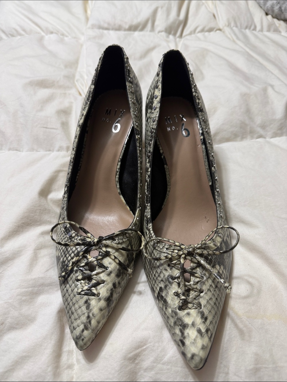 Mix No. 6 Pointed-Toe Lace-Up Snake Print Heels in Beige and Black